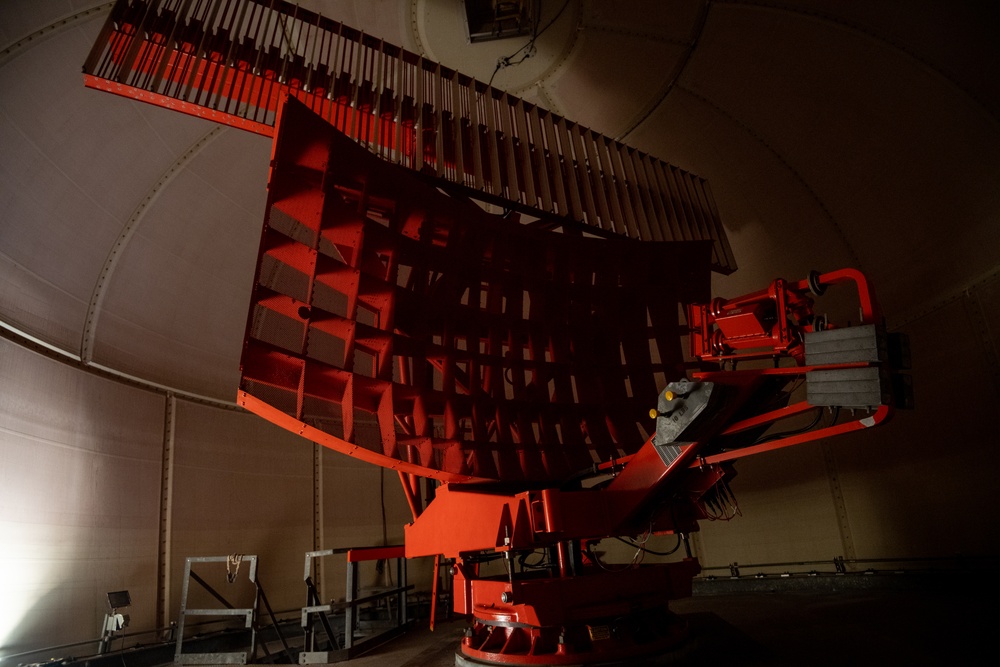 Red ASR-11 airport surveillance radar antenna at Kadena Air Base